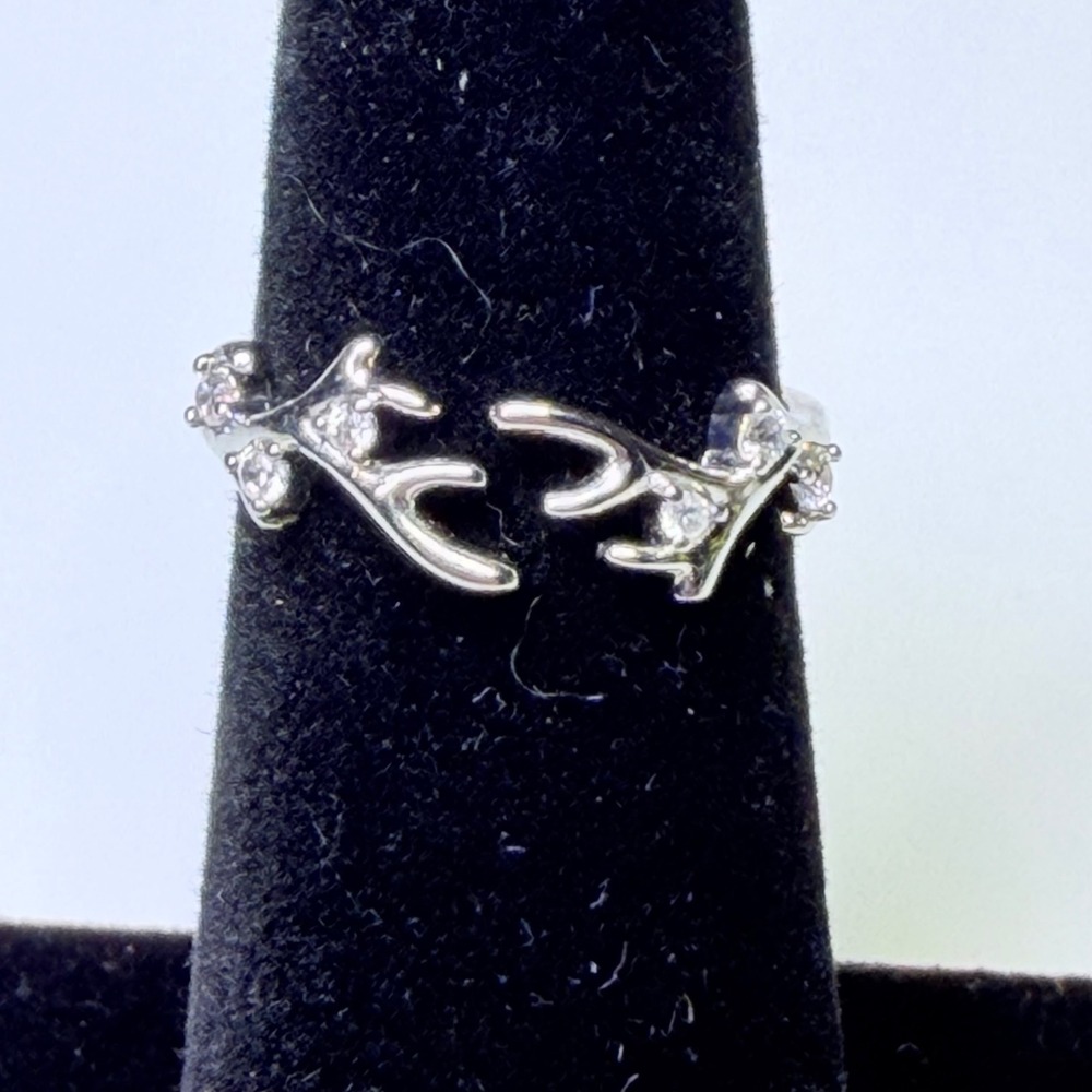 Fragrant Jewels Silver Tone Crystal Antler Bypass Ring Size 5.5 Nature Jewelry